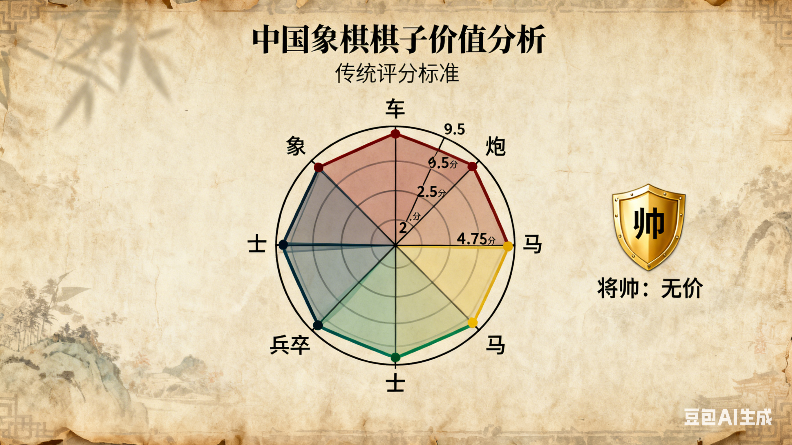 中国象棋各棋子基础价值评估图表，车9-10分，炮4.5-5分，马4-5分，兵卒1-3分，士象2-3分，将帅无价