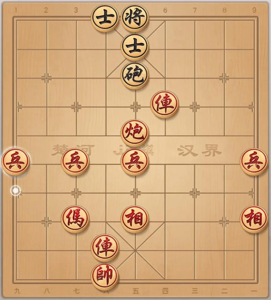中国象棋双车铁门栓杀法示意图，双车配合中炮形成绝杀